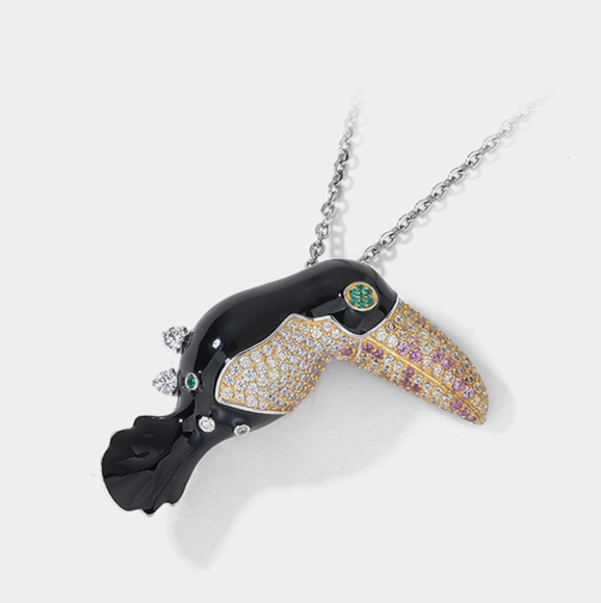 Big Mouth Black Pink Diamond Bird Brooch Necklace Pendant Dual Purpose Corsage
