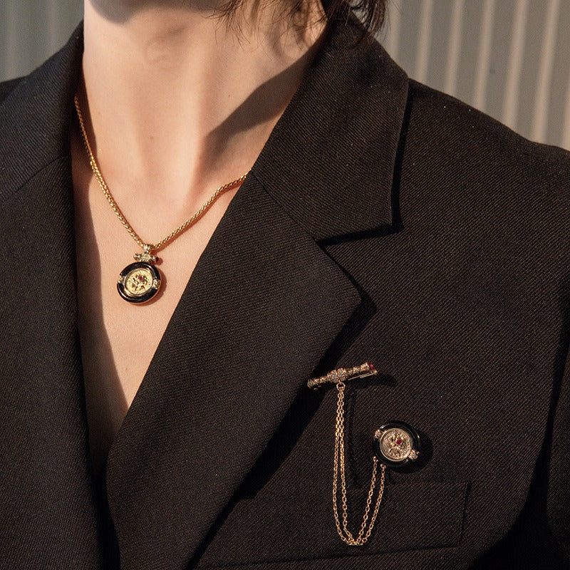 Round Vintage Onyx 925 Silver Brooch