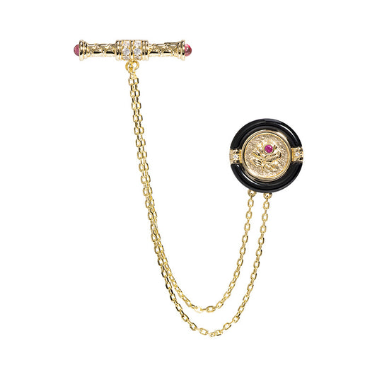 Round Vintage Onyx 925 Silver Brooch