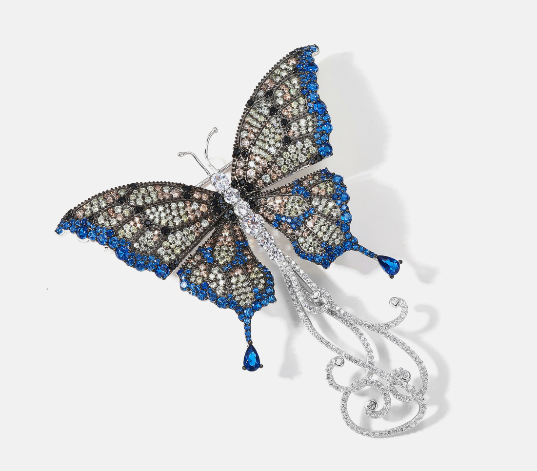Butterfly Blue Black Diamond Brooch High End Lightweight Corsage