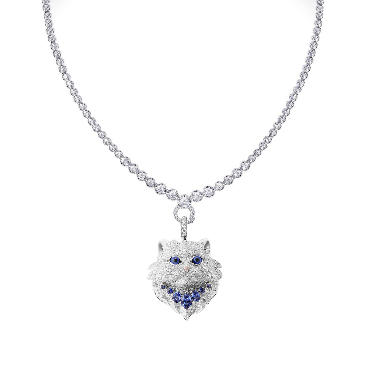 Royal Blue High Carbon Diamond Persian Cat Pendant Silver Plated Necklace