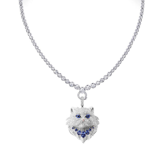 Royal Blue High Carbon Diamond Persian Cat Pendant Silver Plated Necklace