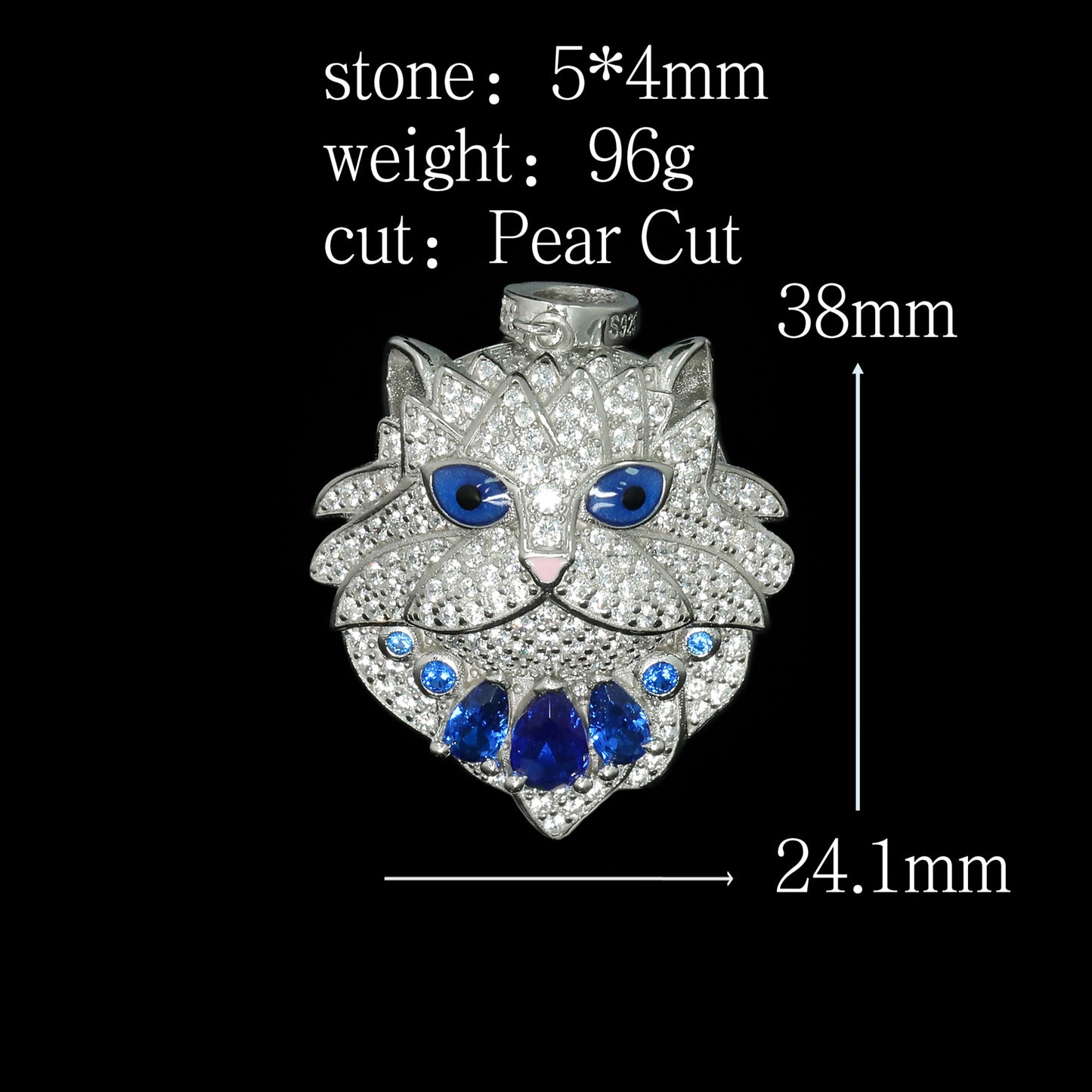 Royal Blue High Carbon Diamond Persian Cat Pendant Silver Plated Necklace