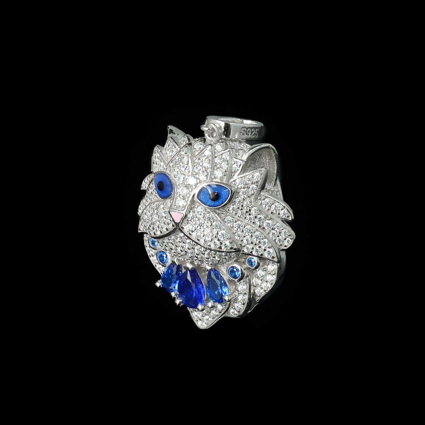 Royal Blue High Carbon Diamond Persian Cat Pendant Silver Plated Necklace