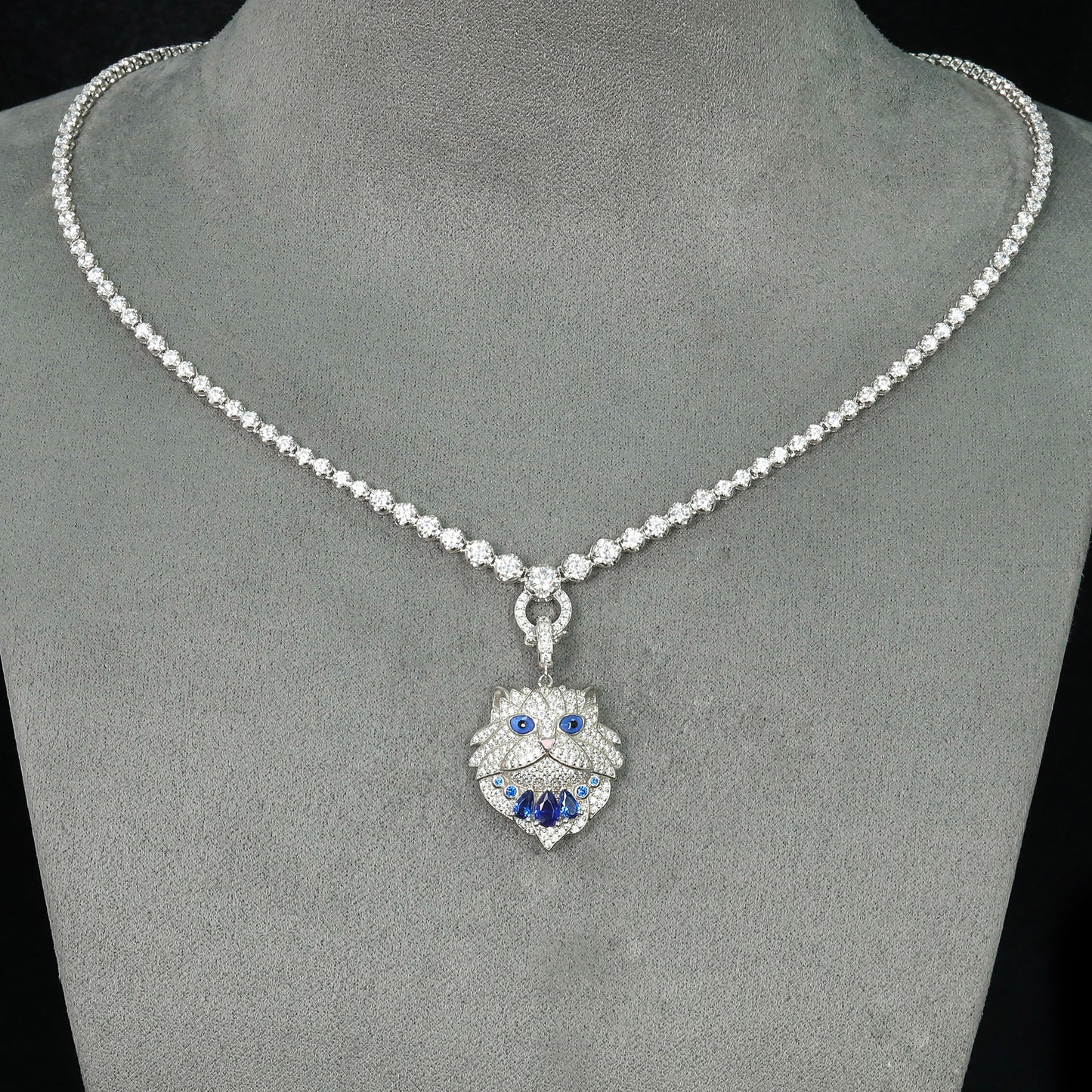 Royal Blue High Carbon Diamond Persian Cat Pendant Silver Plated Necklace
