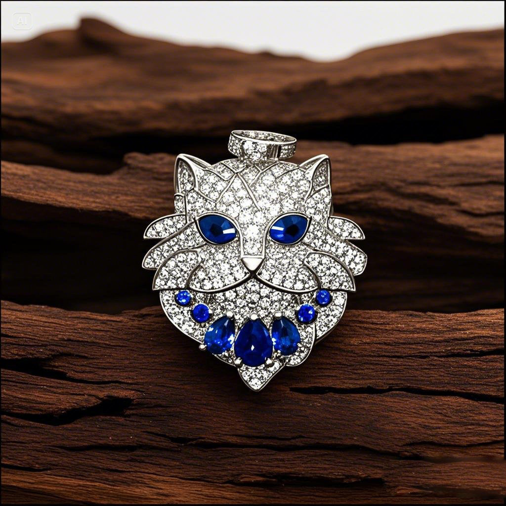 Royal Blue High Carbon Diamond Persian Cat Pendant Silver Plated Necklace