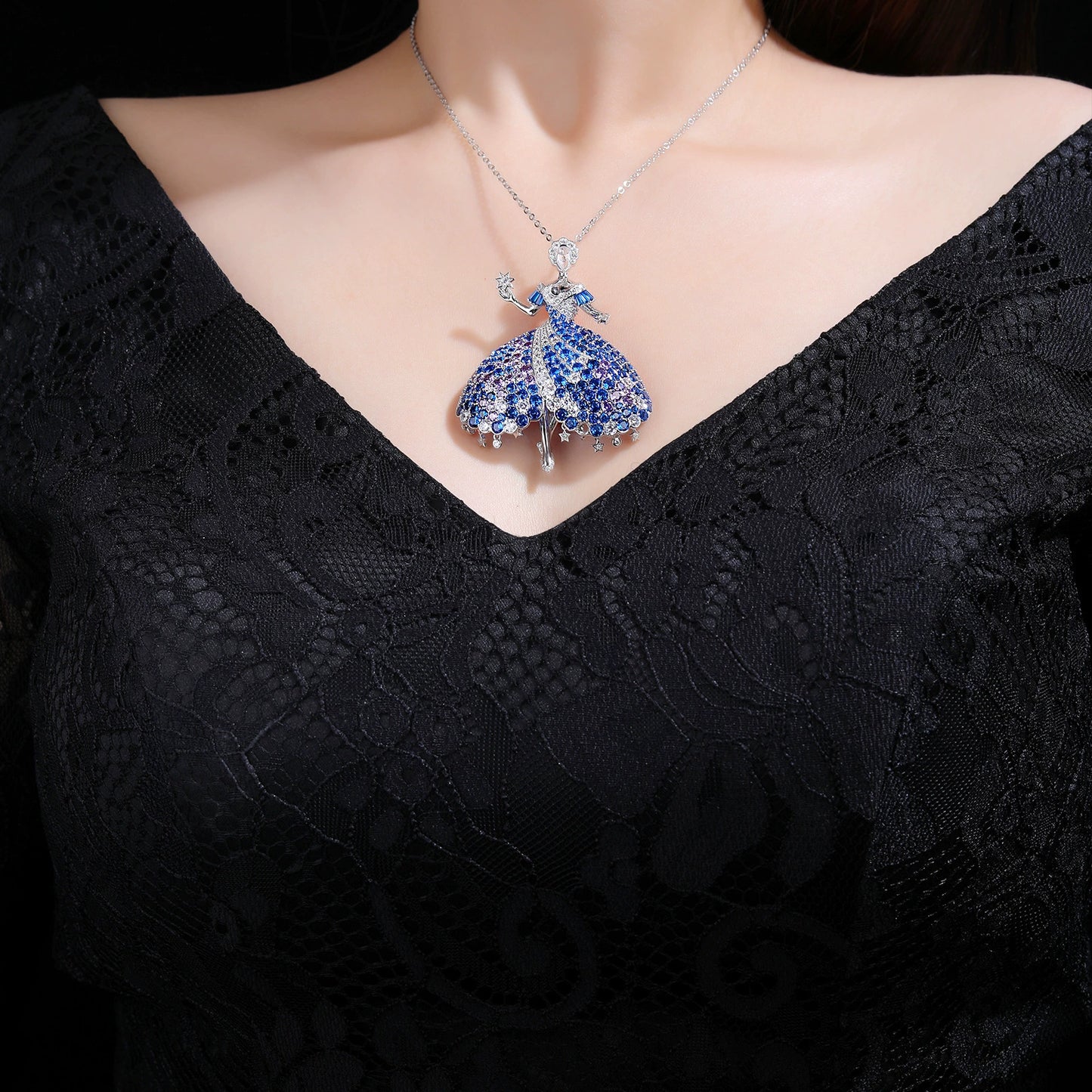 Dancing Girl Blue Diamond Brooch Necklace Pendant Dual Purpose Corsage