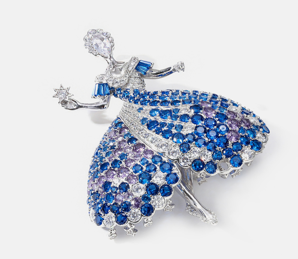 Dancing Girl Blue Diamond Brooch Necklace Pendant Dual Purpose Corsage