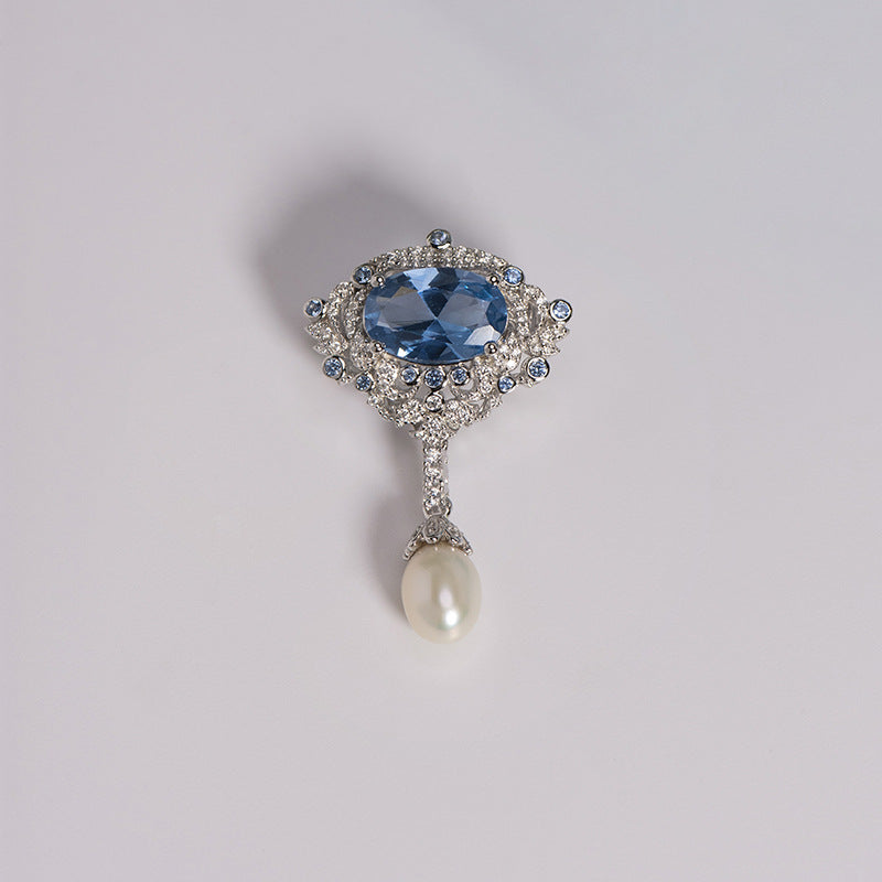 Blue spinel vintage teardrop silver plated brooch