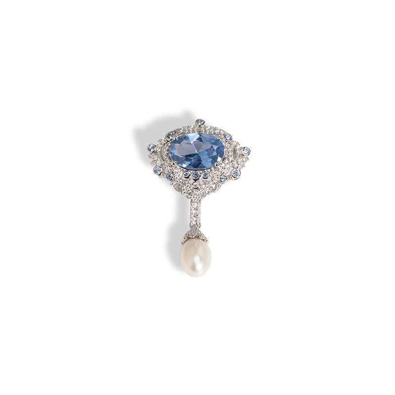 Blue spinel vintage teardrop silver plated brooch