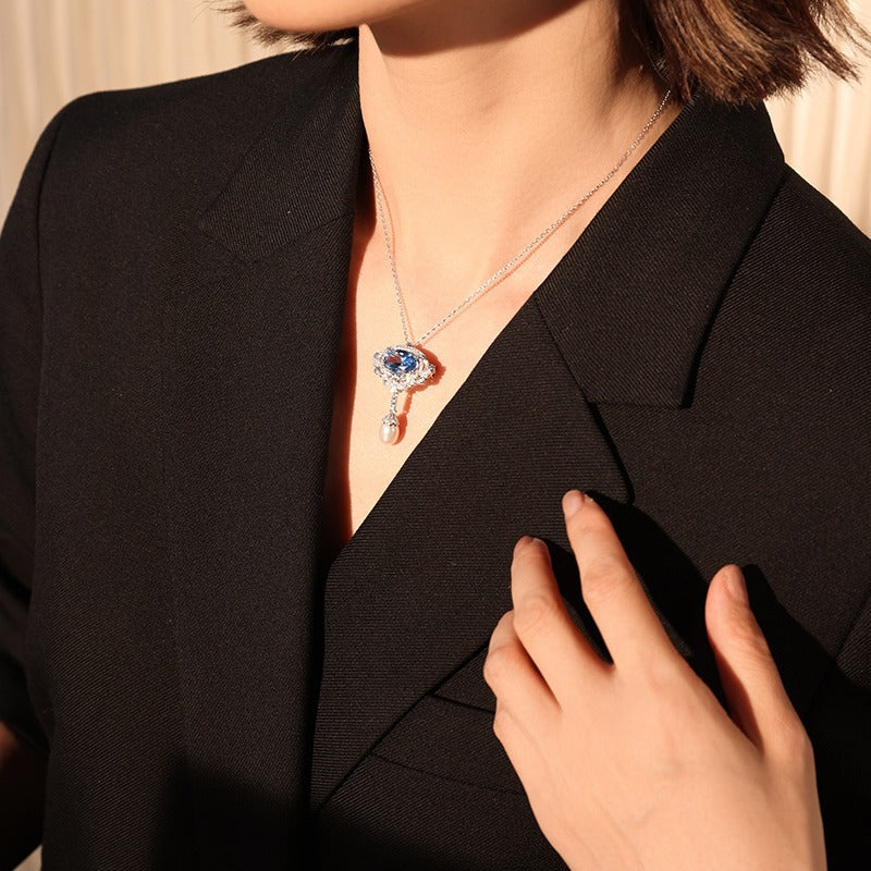 Blue spinel vintage teardrop silver plated brooch