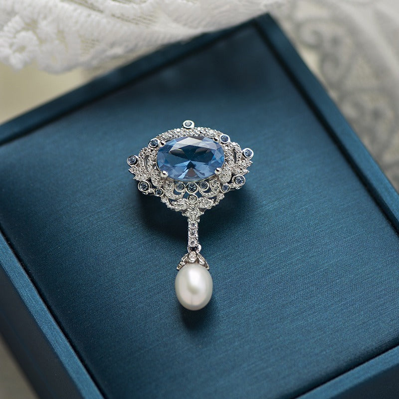 Blue spinel vintage teardrop silver plated brooch