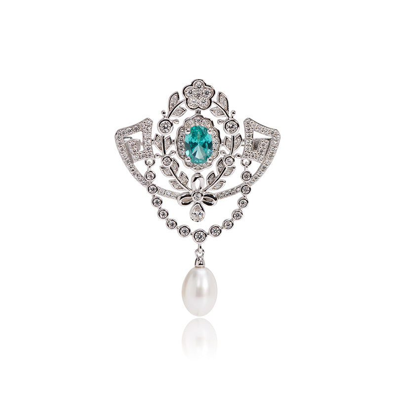 Freshwater pearl teardrop lace blue diamond vintage brooch