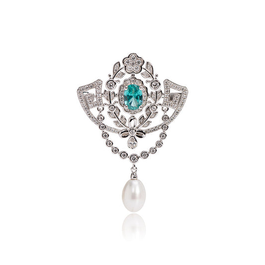 Freshwater pearl teardrop lace blue diamond vintage brooch