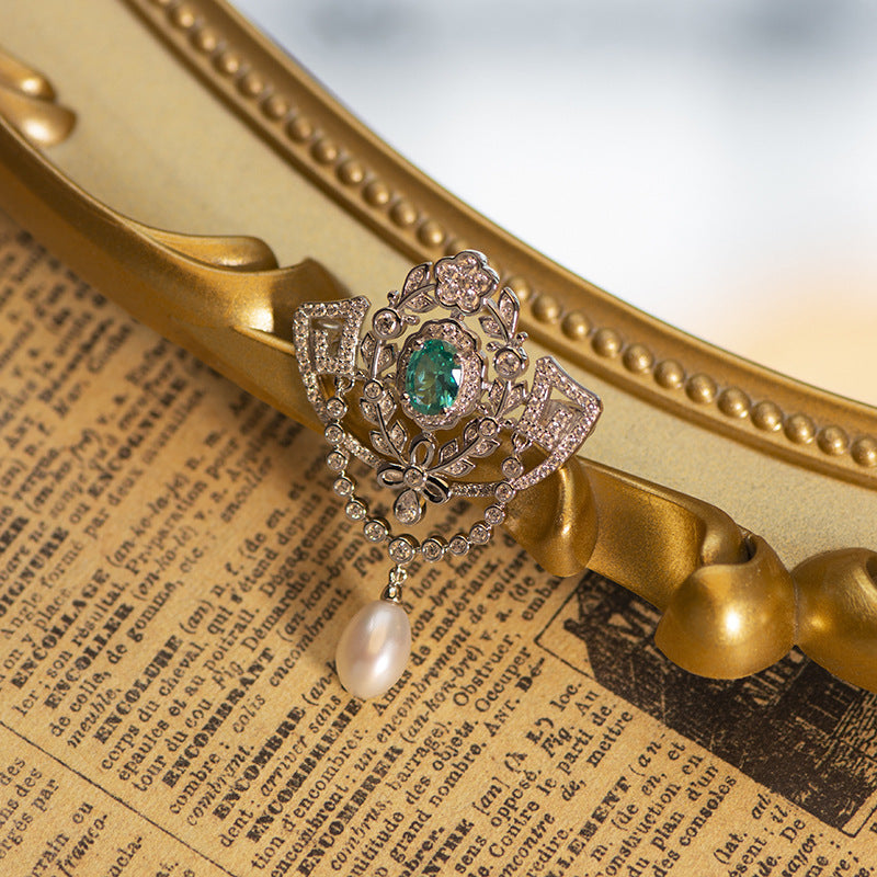 Freshwater pearl teardrop lace blue diamond vintage brooch