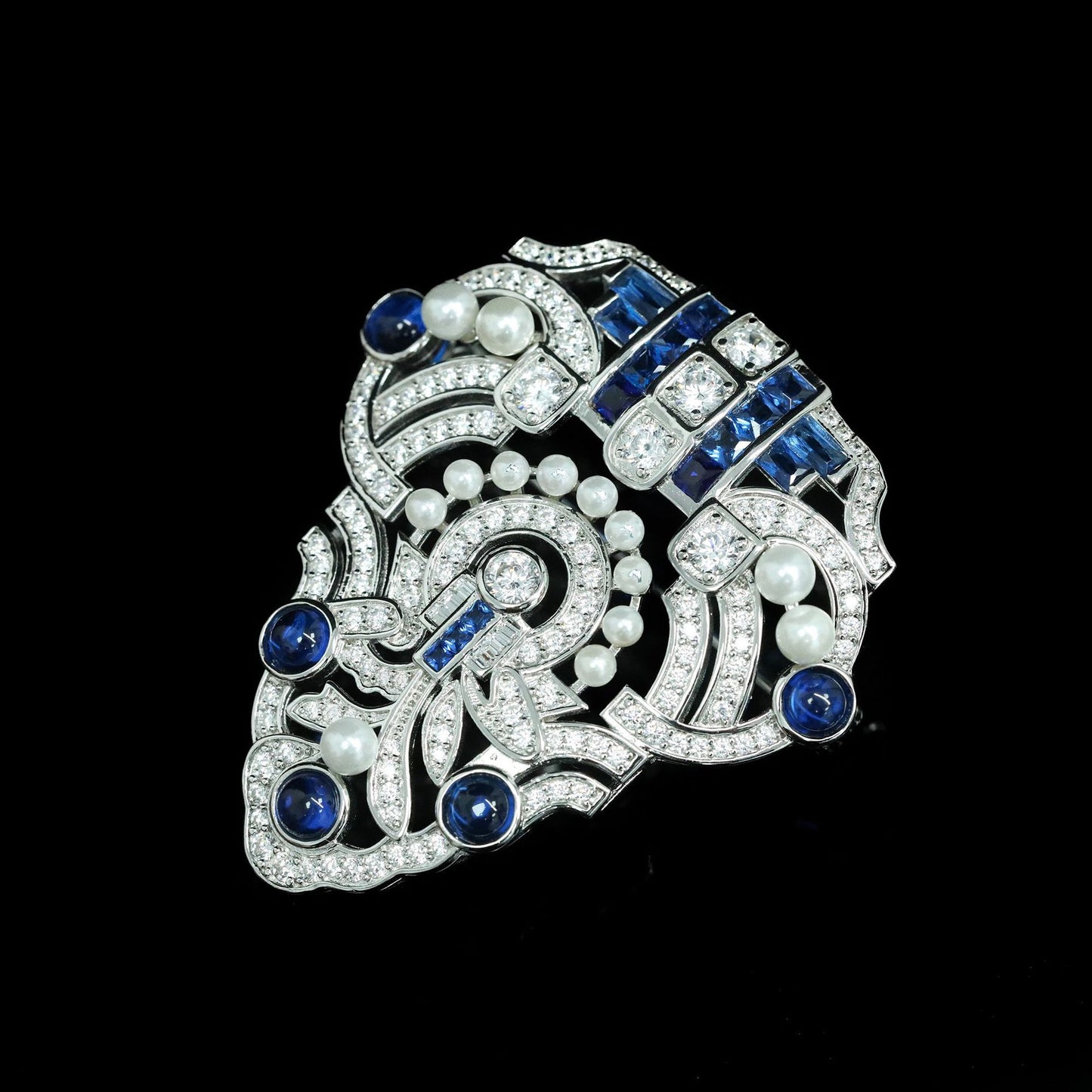 High Carbon Diamond Bead Royal Blue Art Deco Antique Brooch