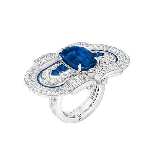 Royal Blue T-Square Sapphire High Carbon Diamond Ring