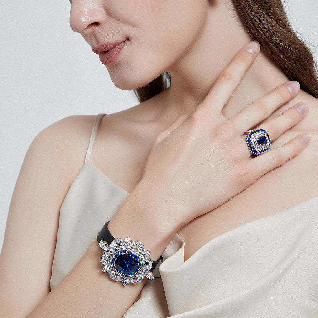 Zircon Sapphire Halo Royal Blue Ring
