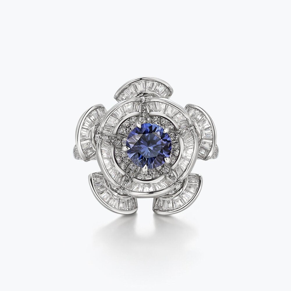 Light Luxury Ice Flower Cut Blue Diamond Core Silver Flower Ring