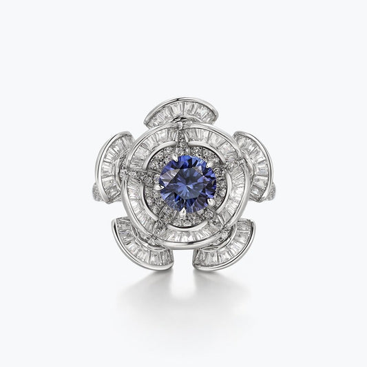 Light Luxury Ice Flower Cut Blue Diamond Core Silver Flower Ring