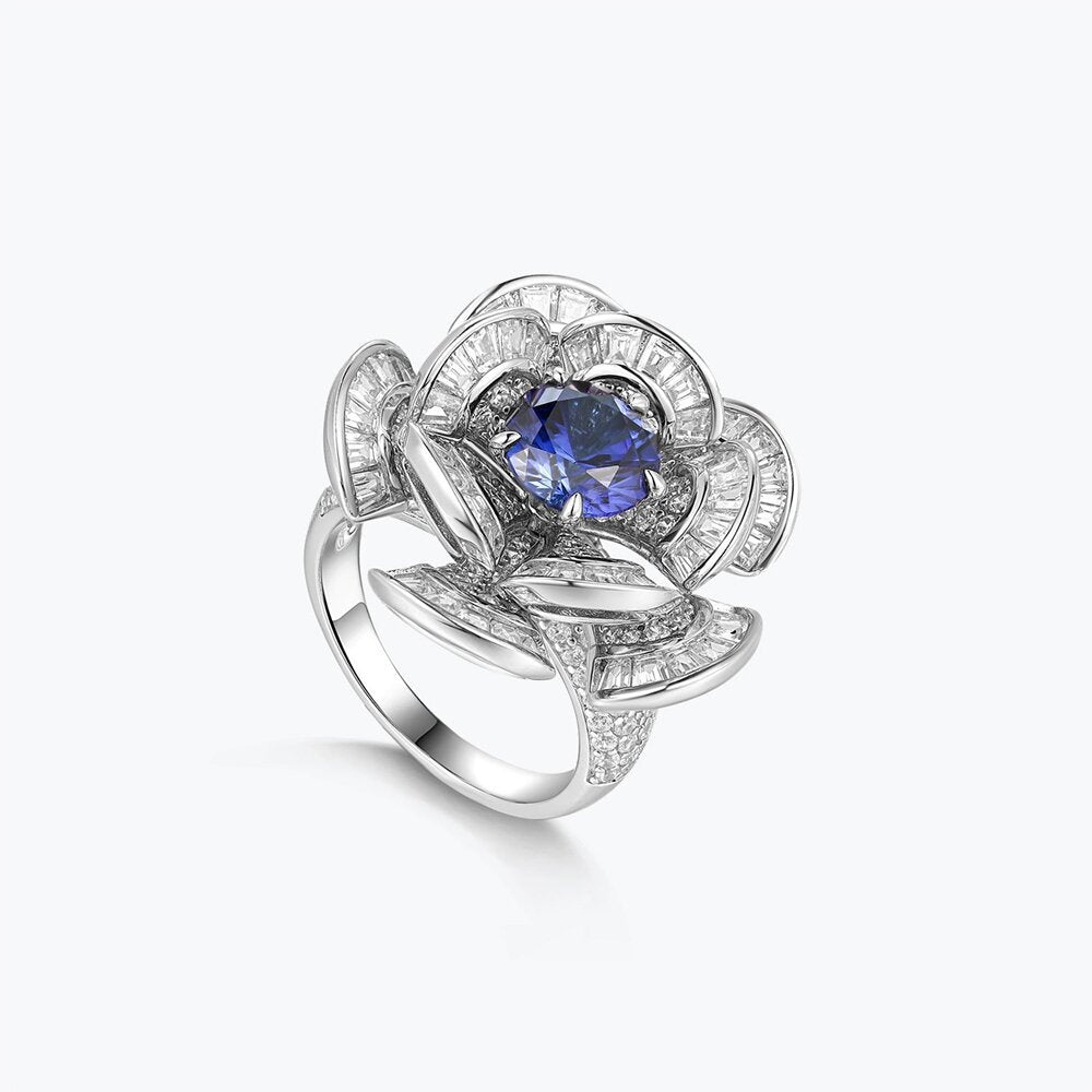 Light Luxury Ice Flower Cut Blue Diamond Core Silver Flower Ring