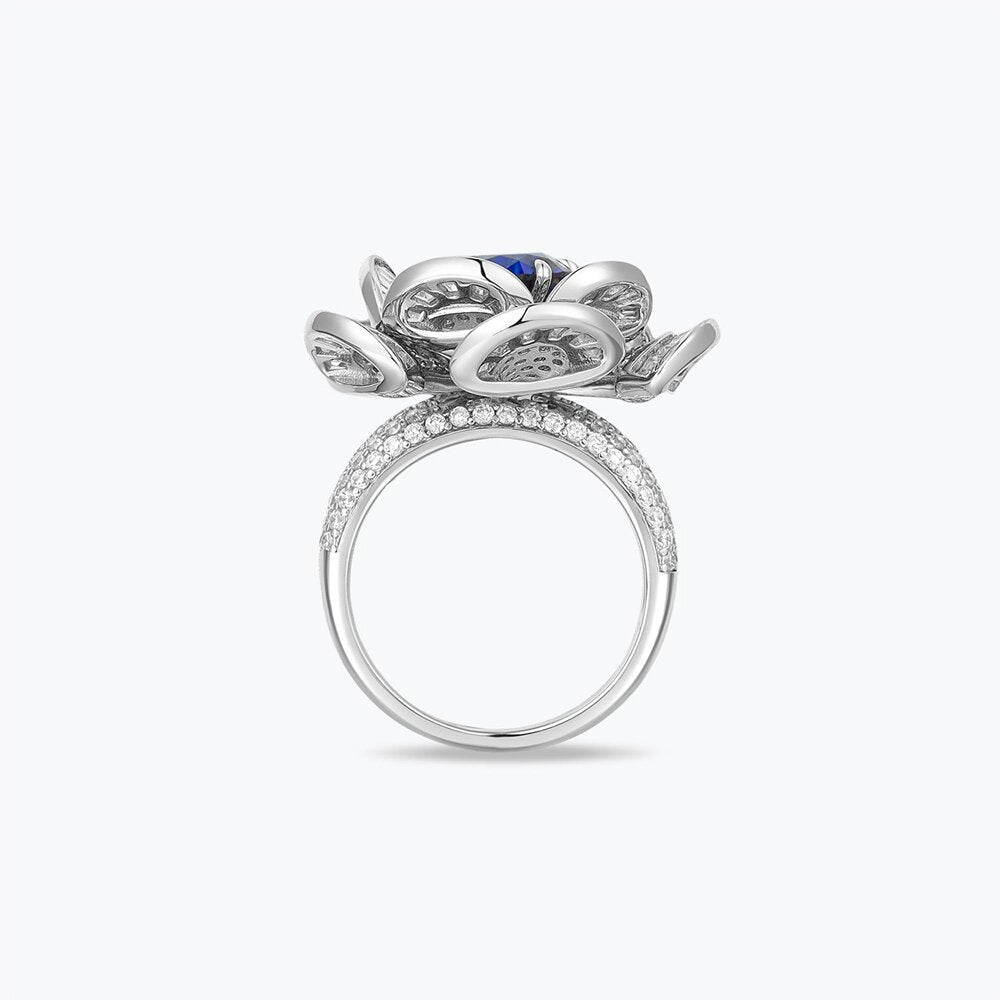Light Luxury Ice Flower Cut Blue Diamond Core Silver Flower Ring