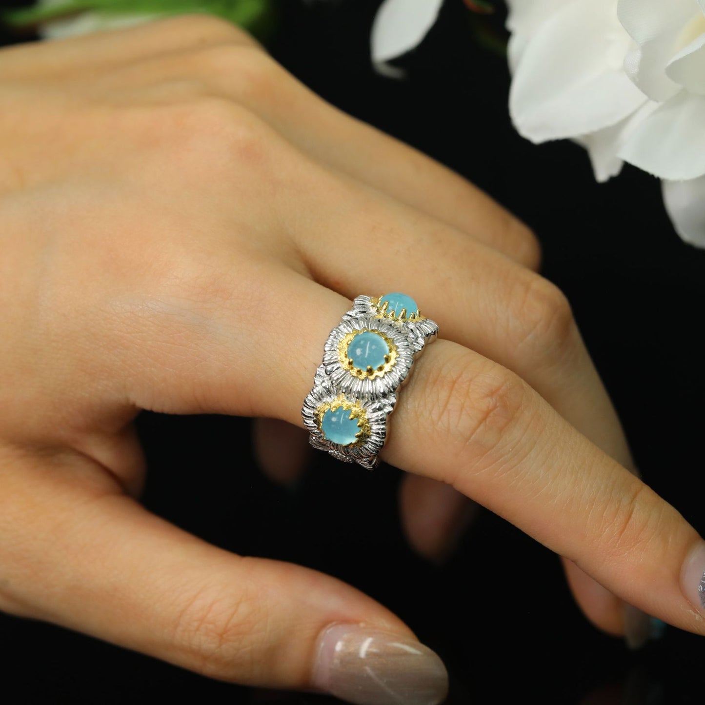 Little Daisy Blue Onyx High Carbon Diamond Ring