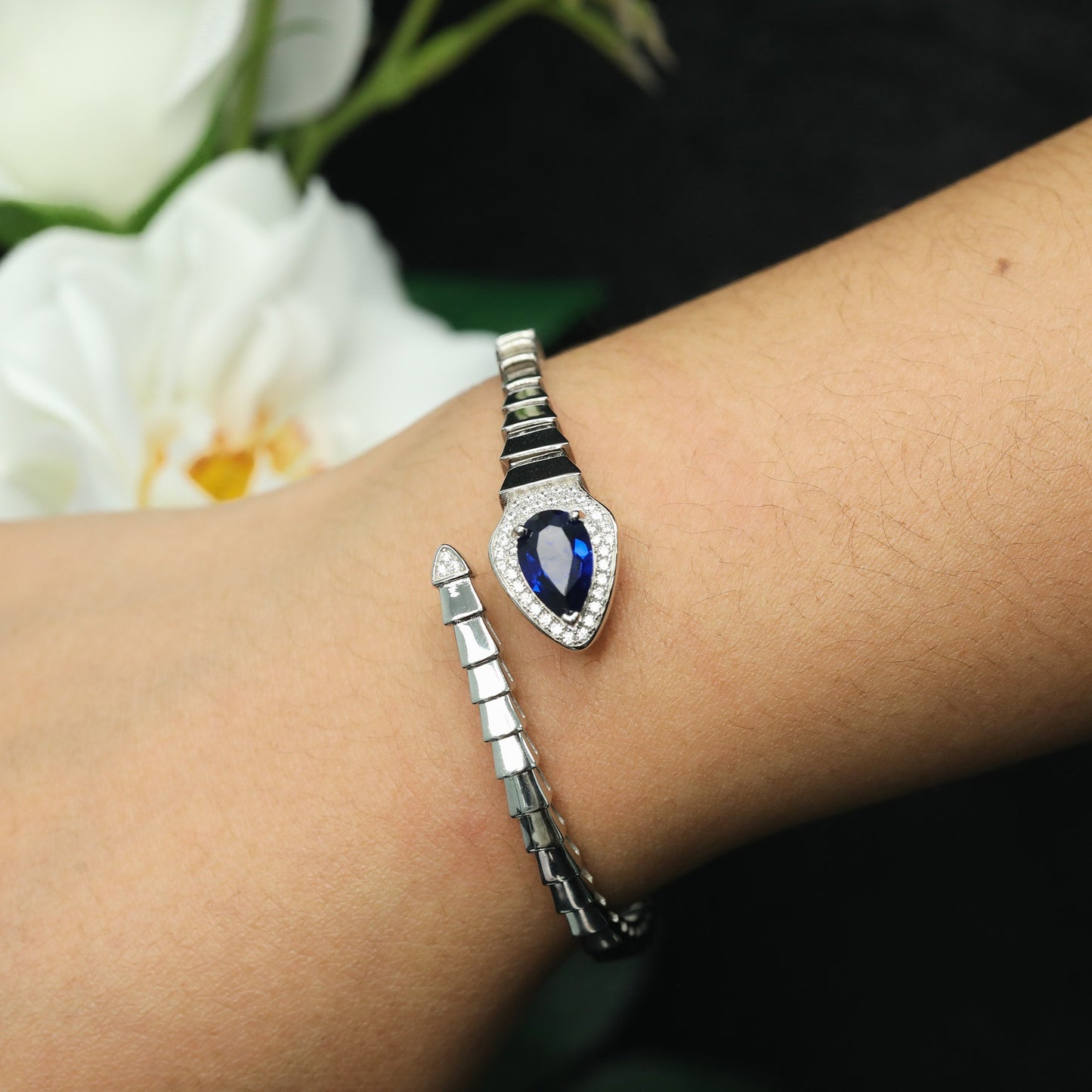 High Carbon Diamond Spirit Snake Royal Blue Pear Cut Bracelet