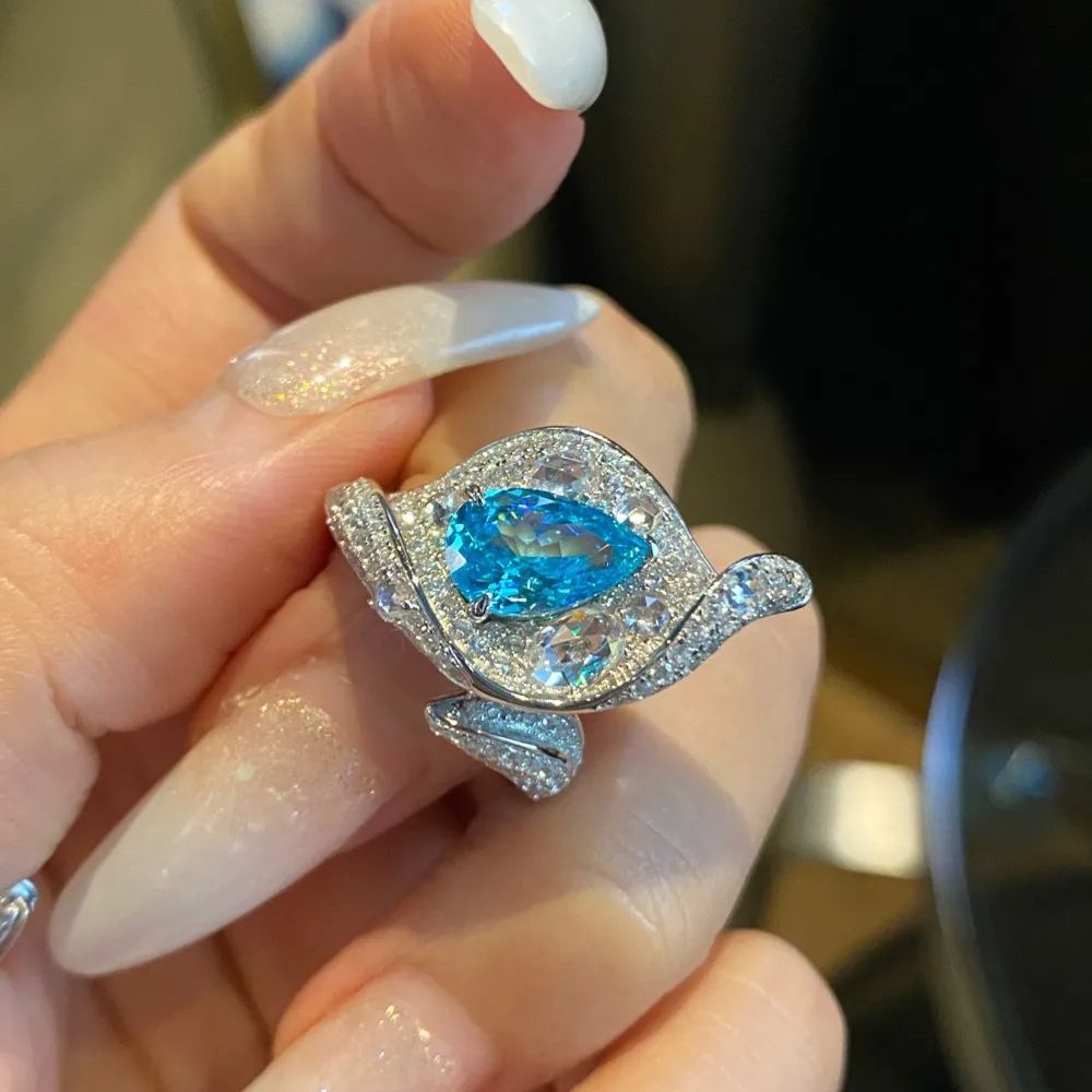Paraiba Rose Cut Teardrop Pear Shaped Calla Lily High Carbon Diamond Ring