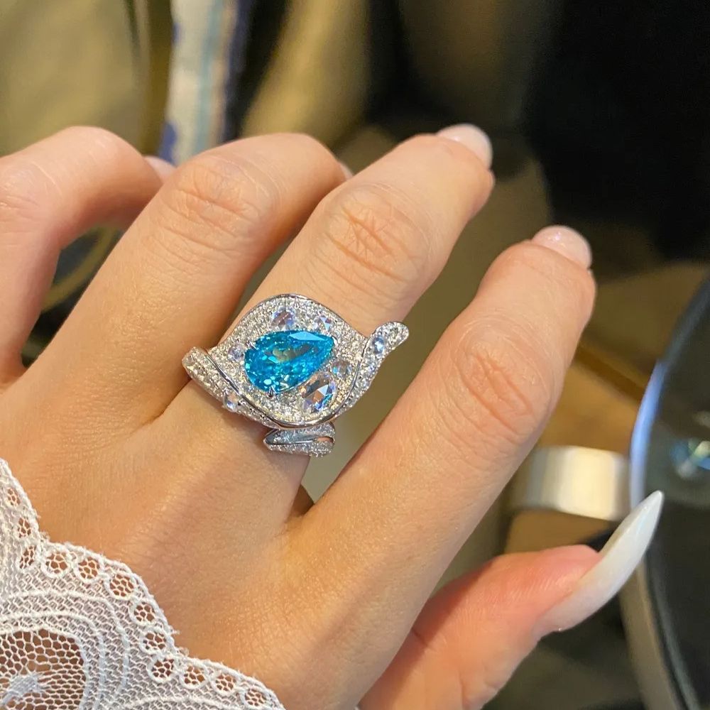 Paraiba Rose Cut Teardrop Pear Shaped Calla Lily High Carbon Diamond Ring