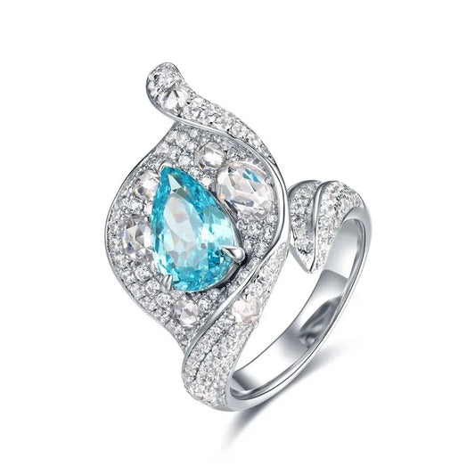 Paraiba Rose Cut Teardrop Pear Shaped Calla Lily High Carbon Diamond Ring