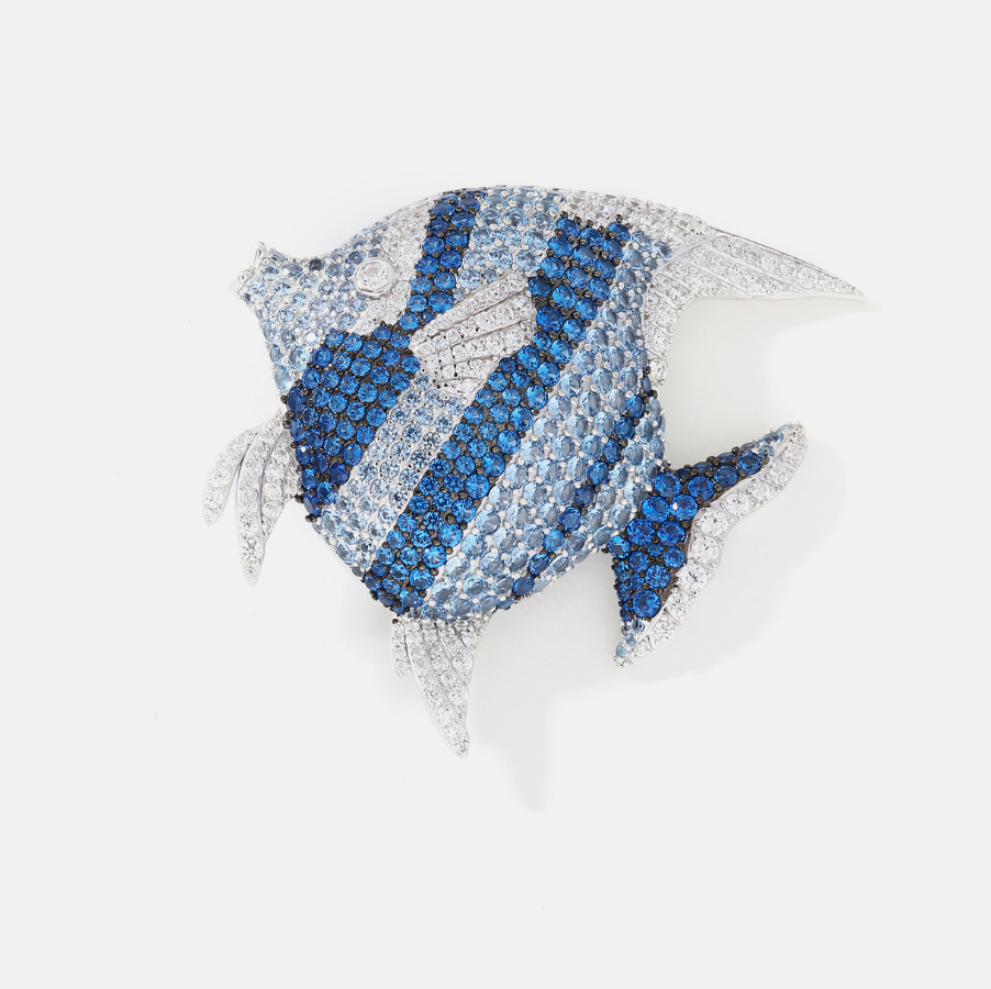 Blue Diamond Goldfish Brooch Sterling Silver with Gemstone Corsage