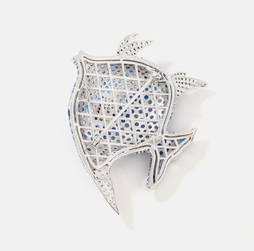 Blue Diamond Goldfish Brooch Sterling Silver with Gemstone Corsage