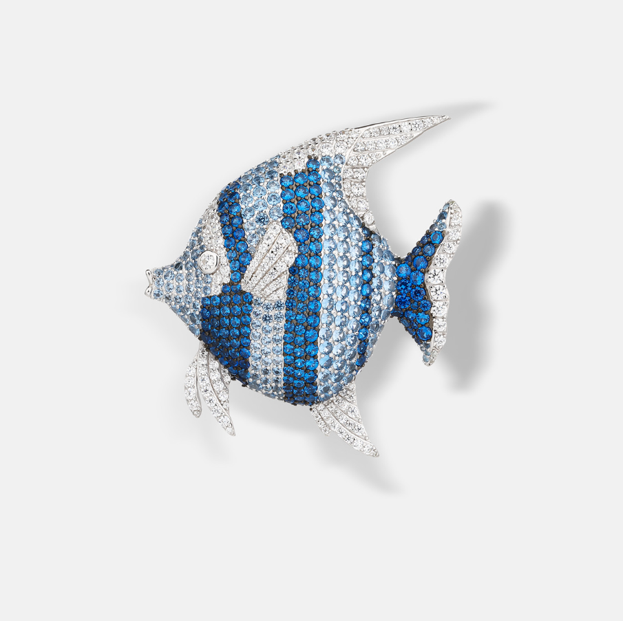 Blue Diamond Goldfish Brooch Sterling Silver with Gemstone Corsage