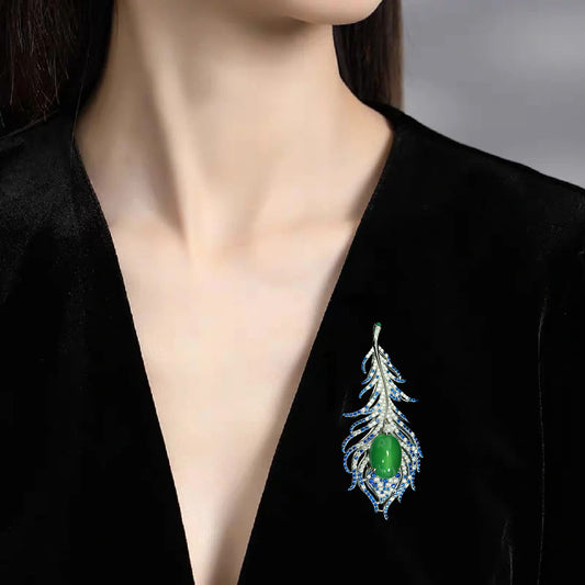 Blue Green High Carbon Diamond Natural Chalcedony Feather Brooch
