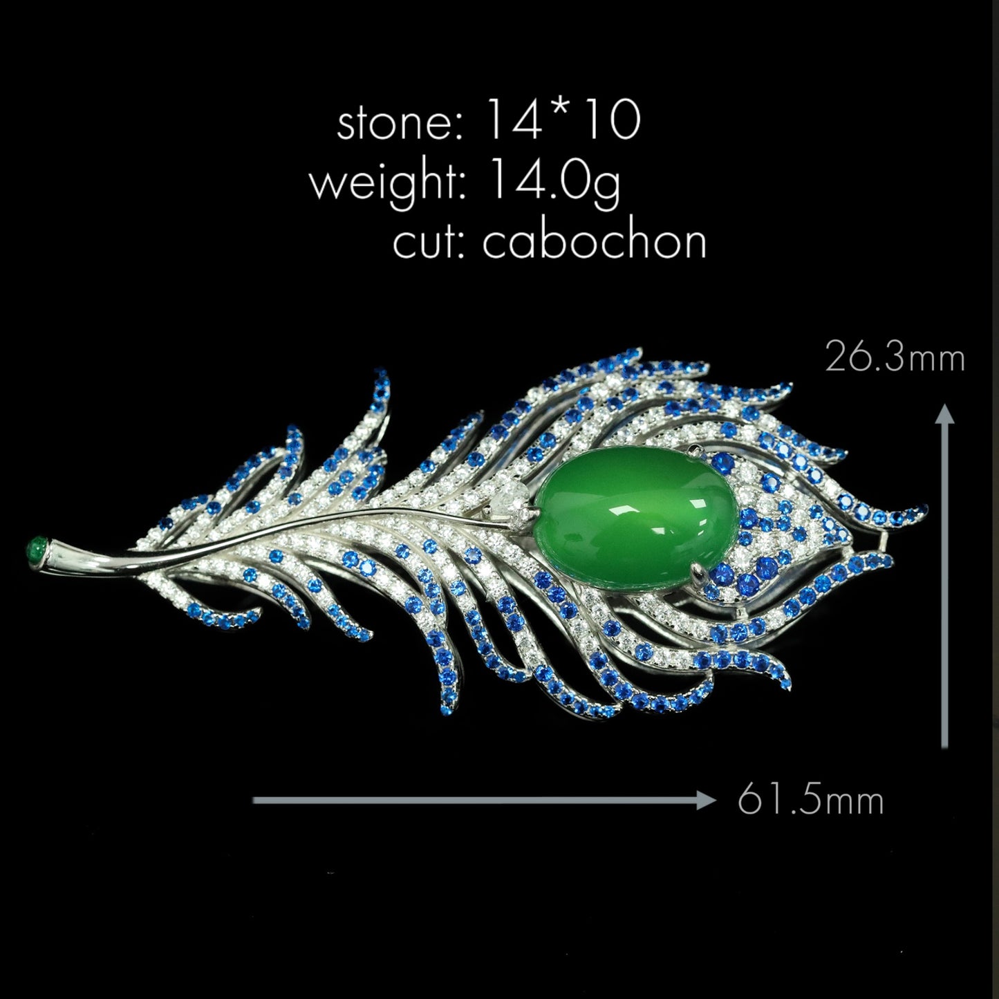 Blue Green High Carbon Diamond Natural Chalcedony Feather Brooch