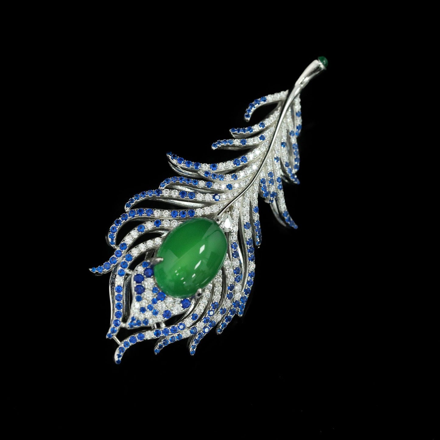 Blue Green High Carbon Diamond Natural Chalcedony Feather Brooch