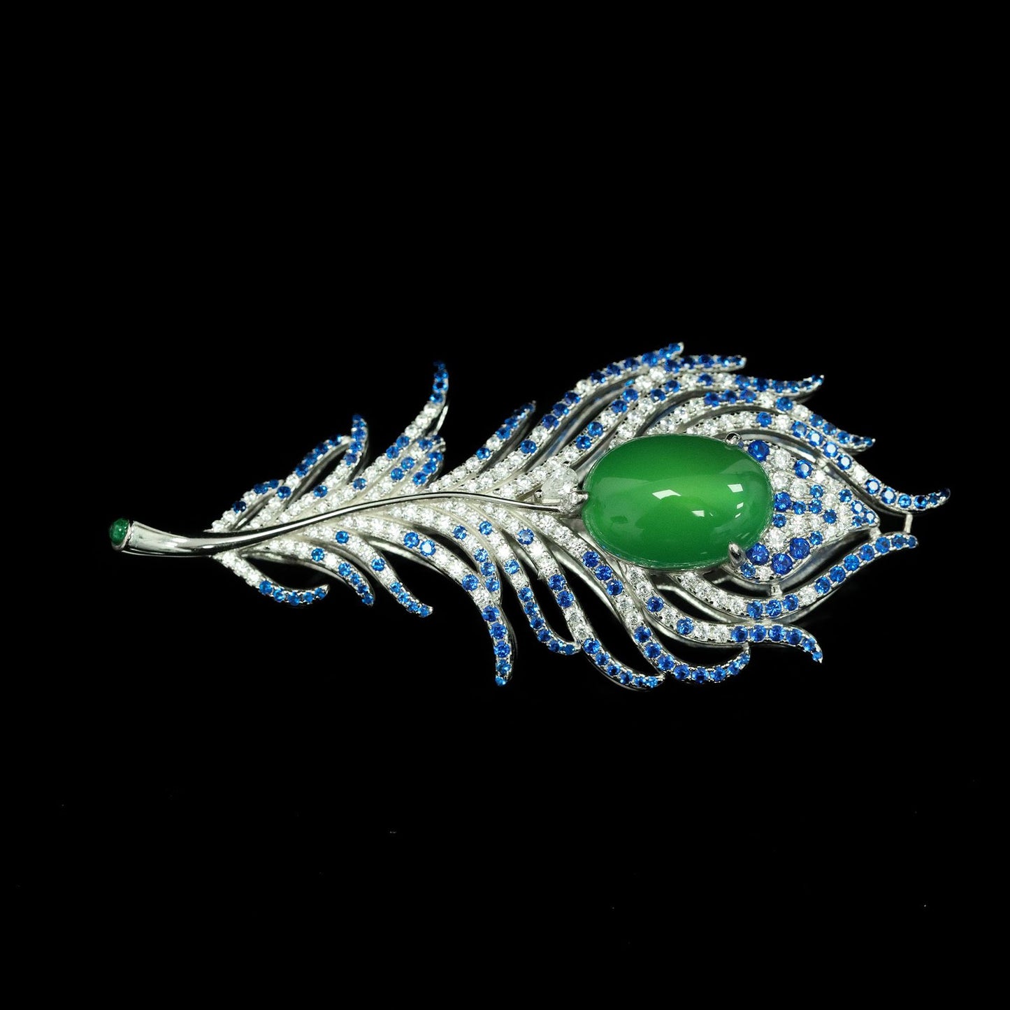 Blue Green High Carbon Diamond Natural Chalcedony Feather Brooch