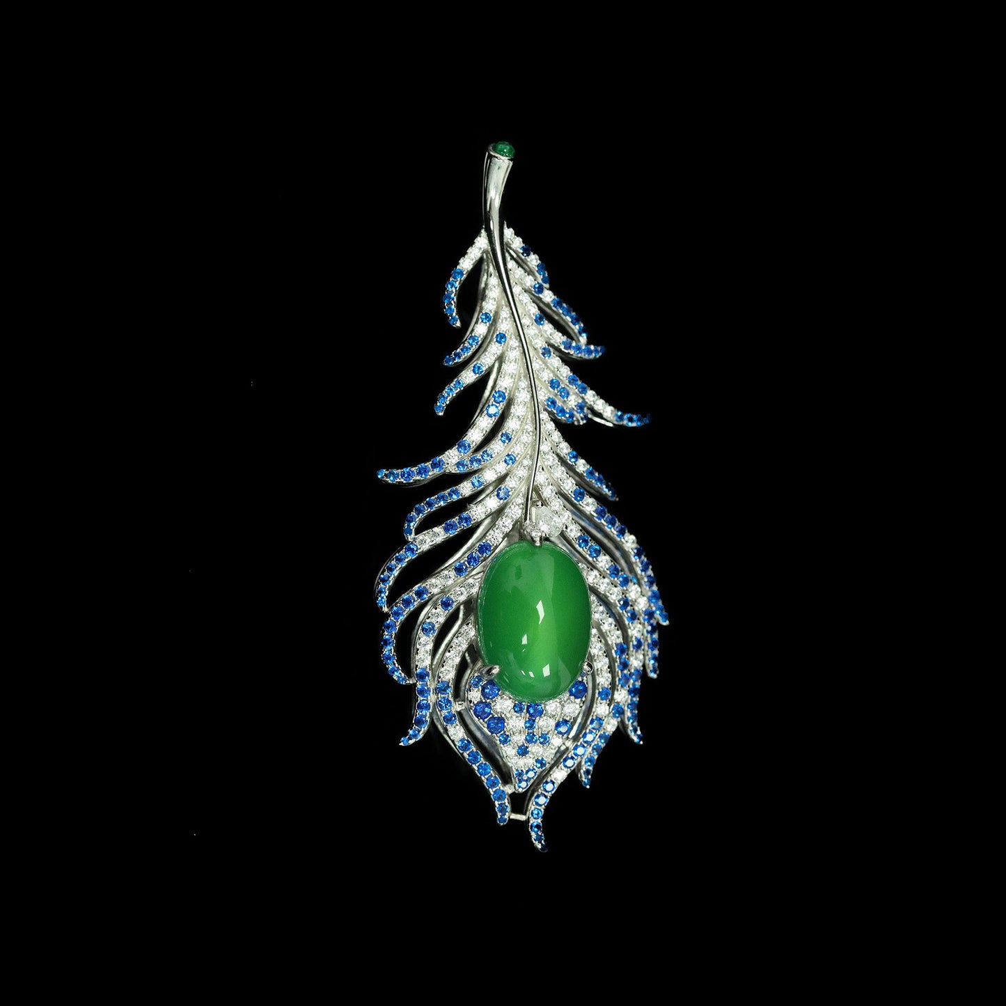 Blue Green High Carbon Diamond Natural Chalcedony Feather Brooch