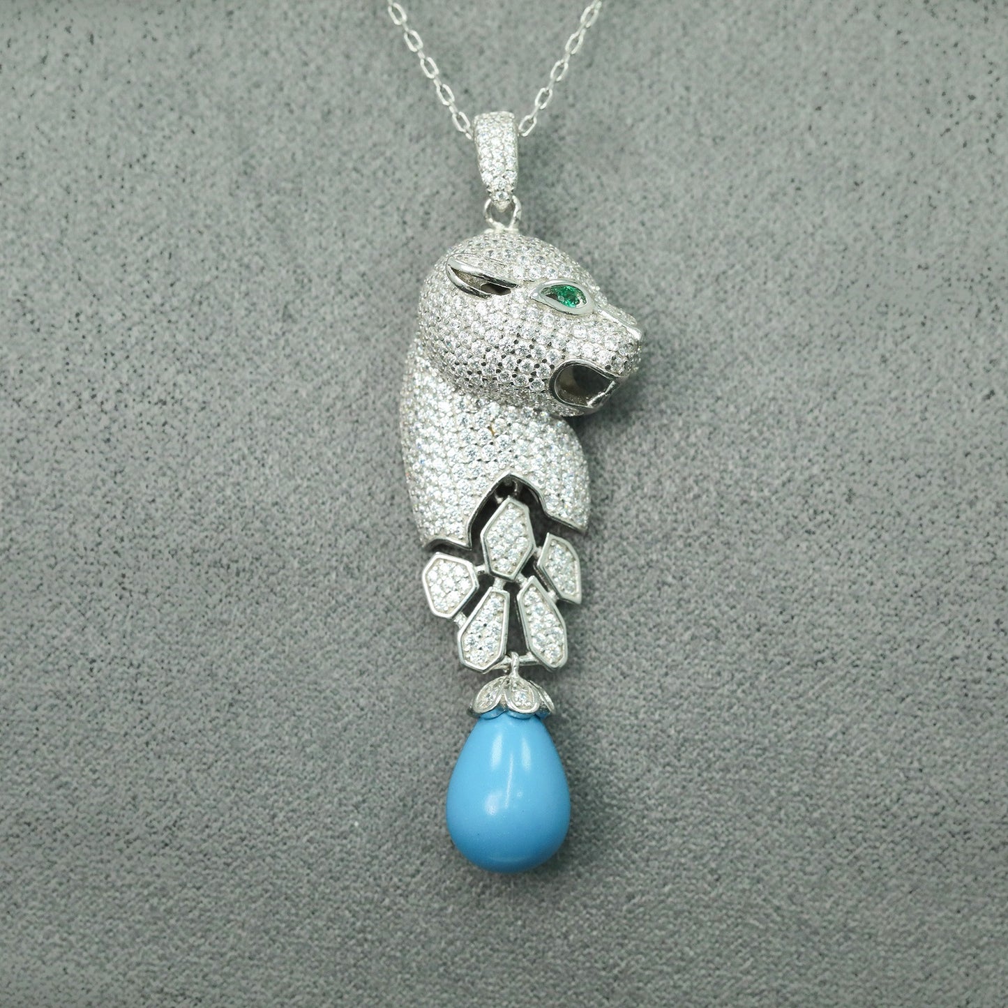 High Carbon Diamond Jaguar Blue Turquoise Pendant Silver Plated Necklace