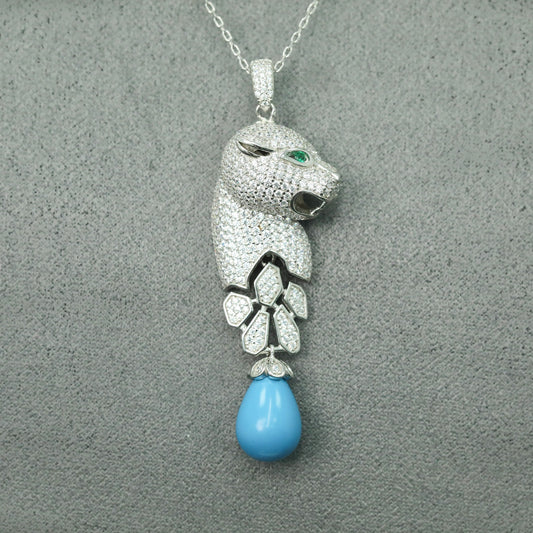 High Carbon Diamond Jaguar Blue Turquoise Pendant Silver Plated Necklace