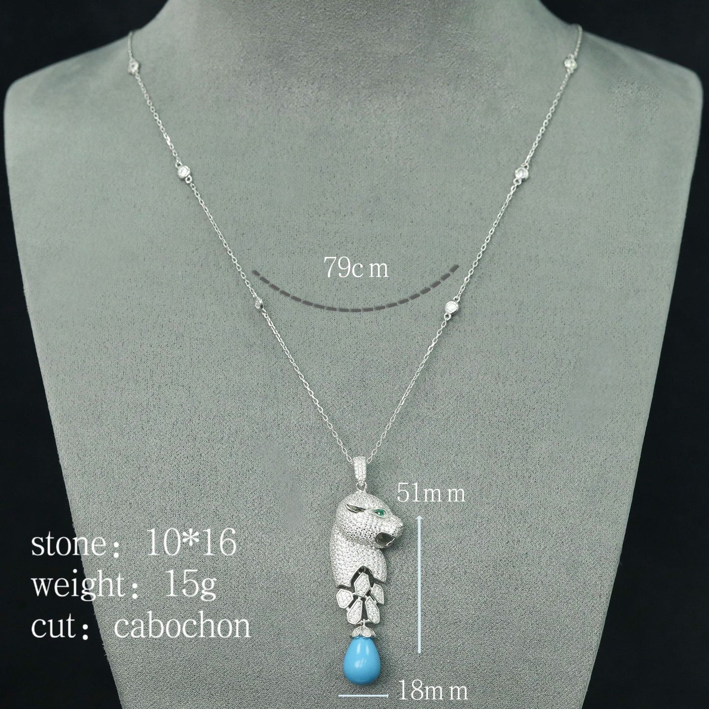 High Carbon Diamond Jaguar Blue Turquoise Pendant Silver Plated Necklace