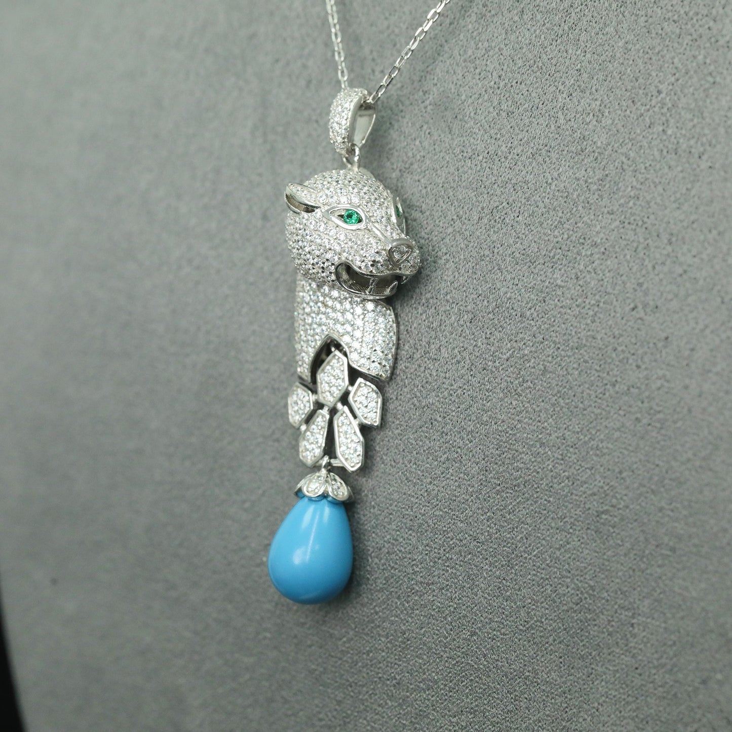 High Carbon Diamond Jaguar Blue Turquoise Pendant Silver Plated Necklace