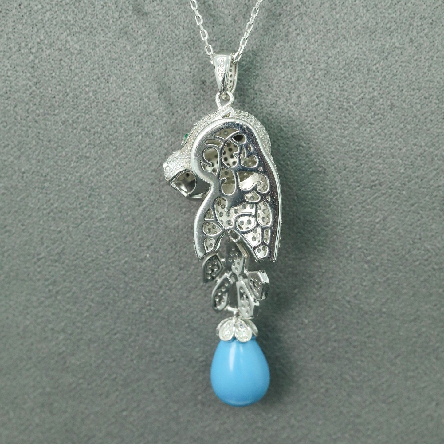 High Carbon Diamond Jaguar Blue Turquoise Pendant Silver Plated Necklace