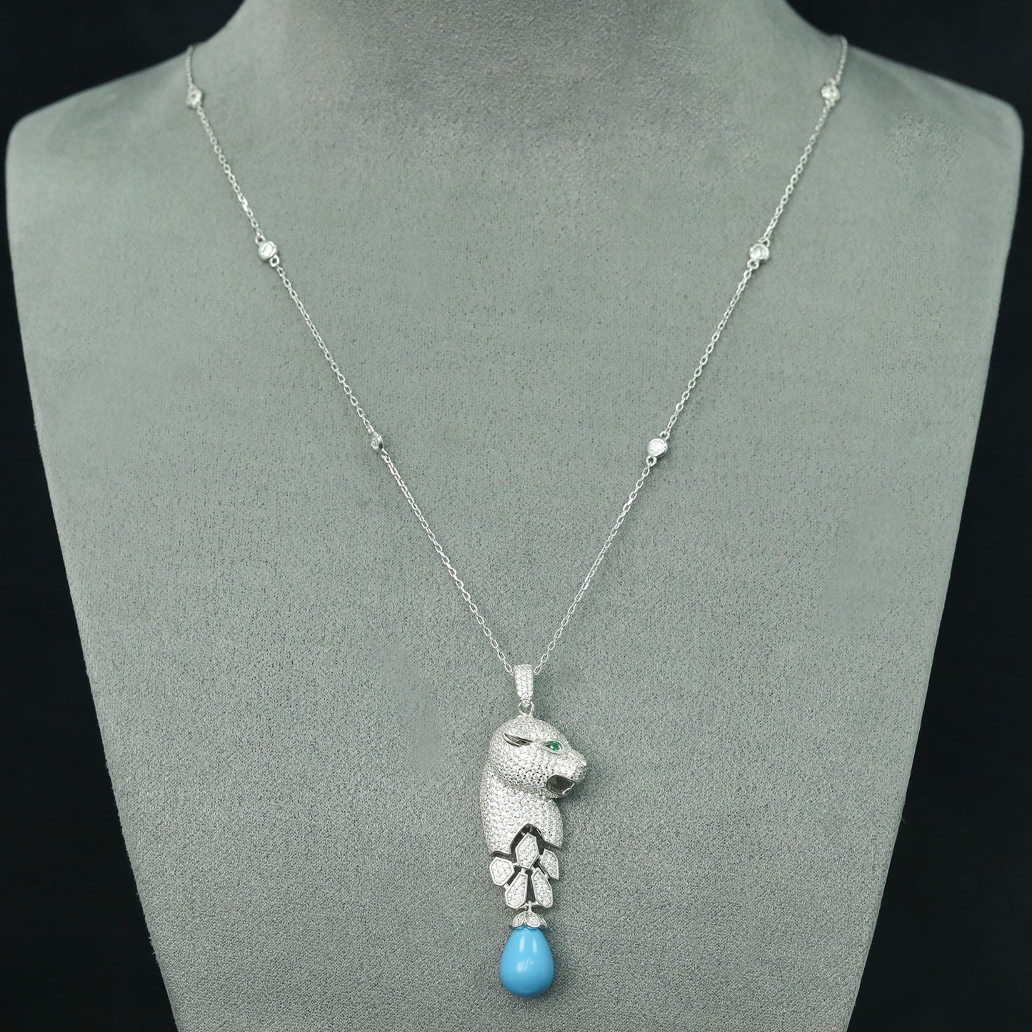 High Carbon Diamond Jaguar Blue Turquoise Pendant Silver Plated Necklace