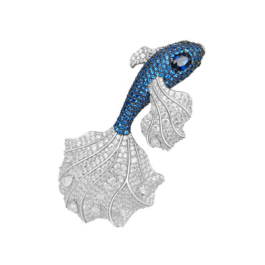 Royal Blue Oriental Aesthetics Golden Jade Goldfish Diamond Brooch