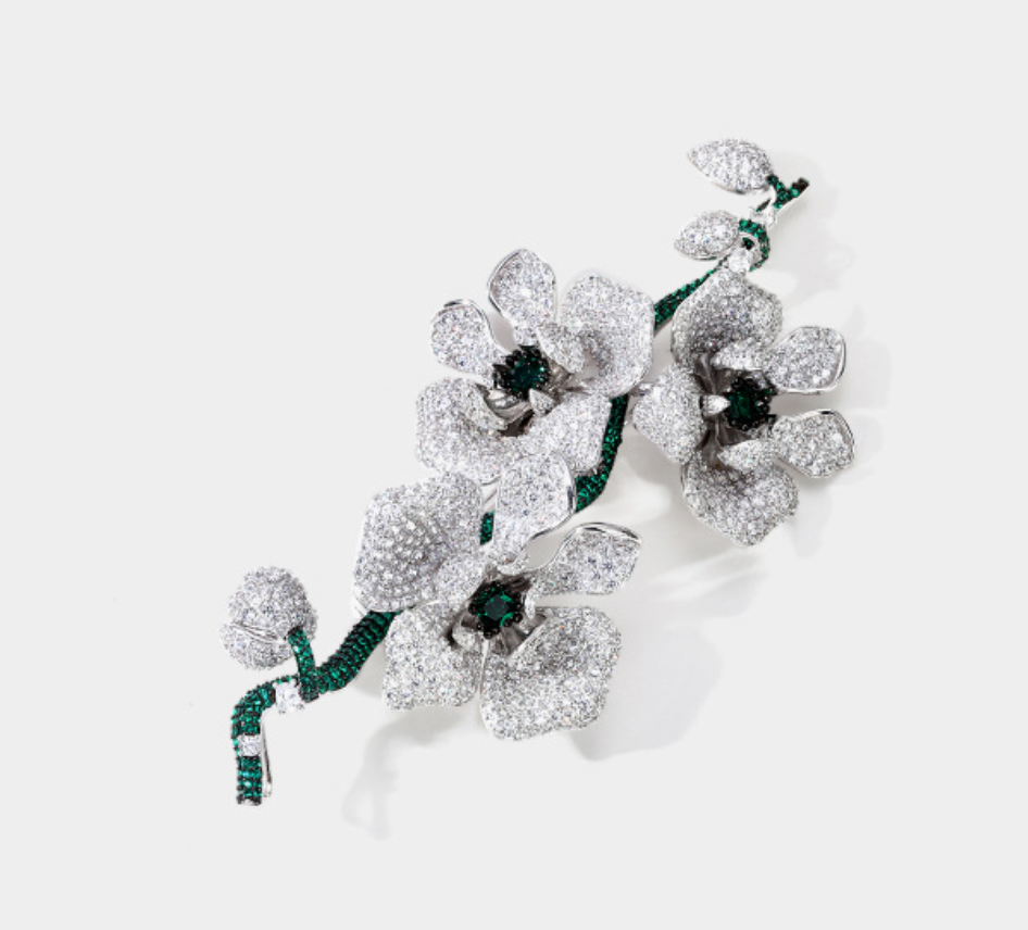 Butterfly Orchid Diamond Brooch Silver Gilded Sparkling Luxury Corsage