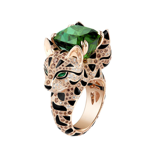 Green tourmaline two-headed leopard cat ring