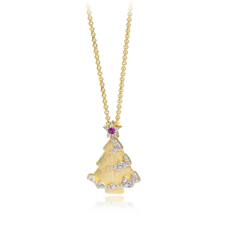 Christmas Tree Red Corundum Brushed Sterling Silver Necklace
