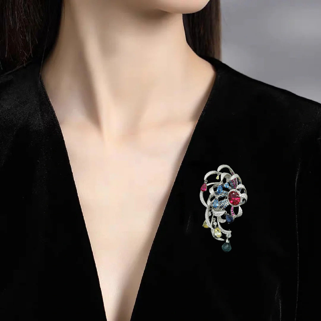 Dove's Blood Red Flower Chrysanthemum Banquet Silver Plated Diamond Brooch